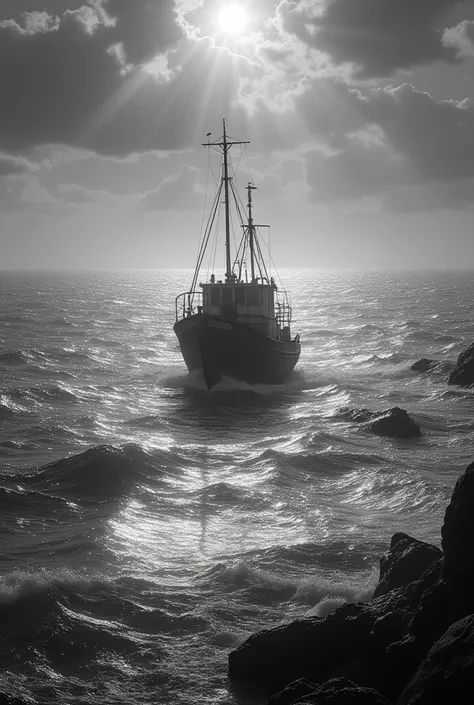 realistic, is a work of art, Live Action Photos 8K Quality, Monochrome Artwork, Sea with Sparkling Waves,  backlight, Silhouette of a small fishing boat crossing the sparkling ocean, Fishing Boat's Wavy Sea, dazzling  backlight, Nostalgic Scenery.