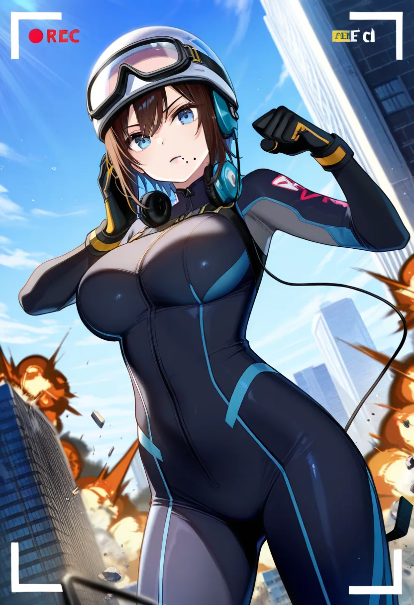 score_9,score_8_up,score_7_up,rating_safety,source_manga,masterpiece,best quality,hyper detailed,super fine illustration,8k,cinematic angle,front angle,view finder,BREAK 1woman,solo,31yo,(helmet,headphone),(brown hair,short hair),(light blue eyes),(goggles...