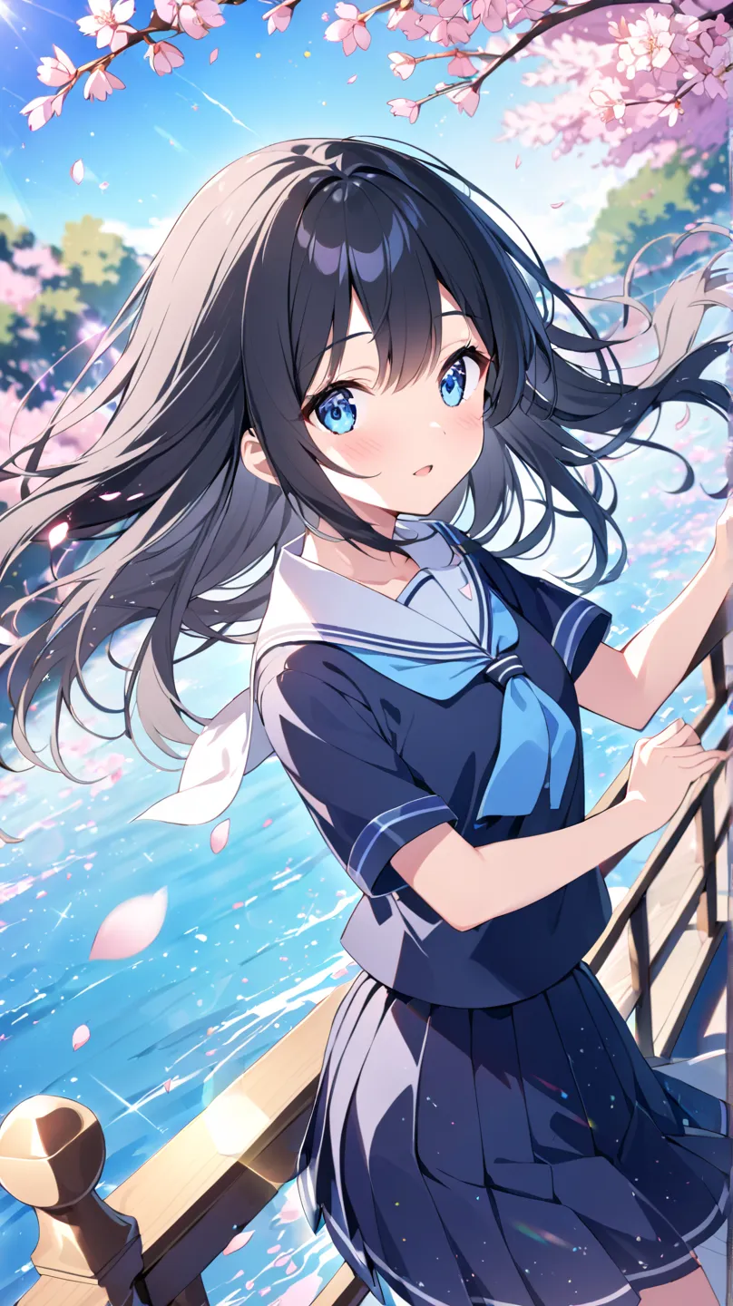 blue sky、cherry blossoms、cherry blossoms吹雪、hidden hair, solo, blue eyes,  black hair、By the river、Put your hand on the balustrade、How hair flutters in the wind、school uniform、dutch angle, blur background, lens flare, glitter effect, Wide angle、widescreen、