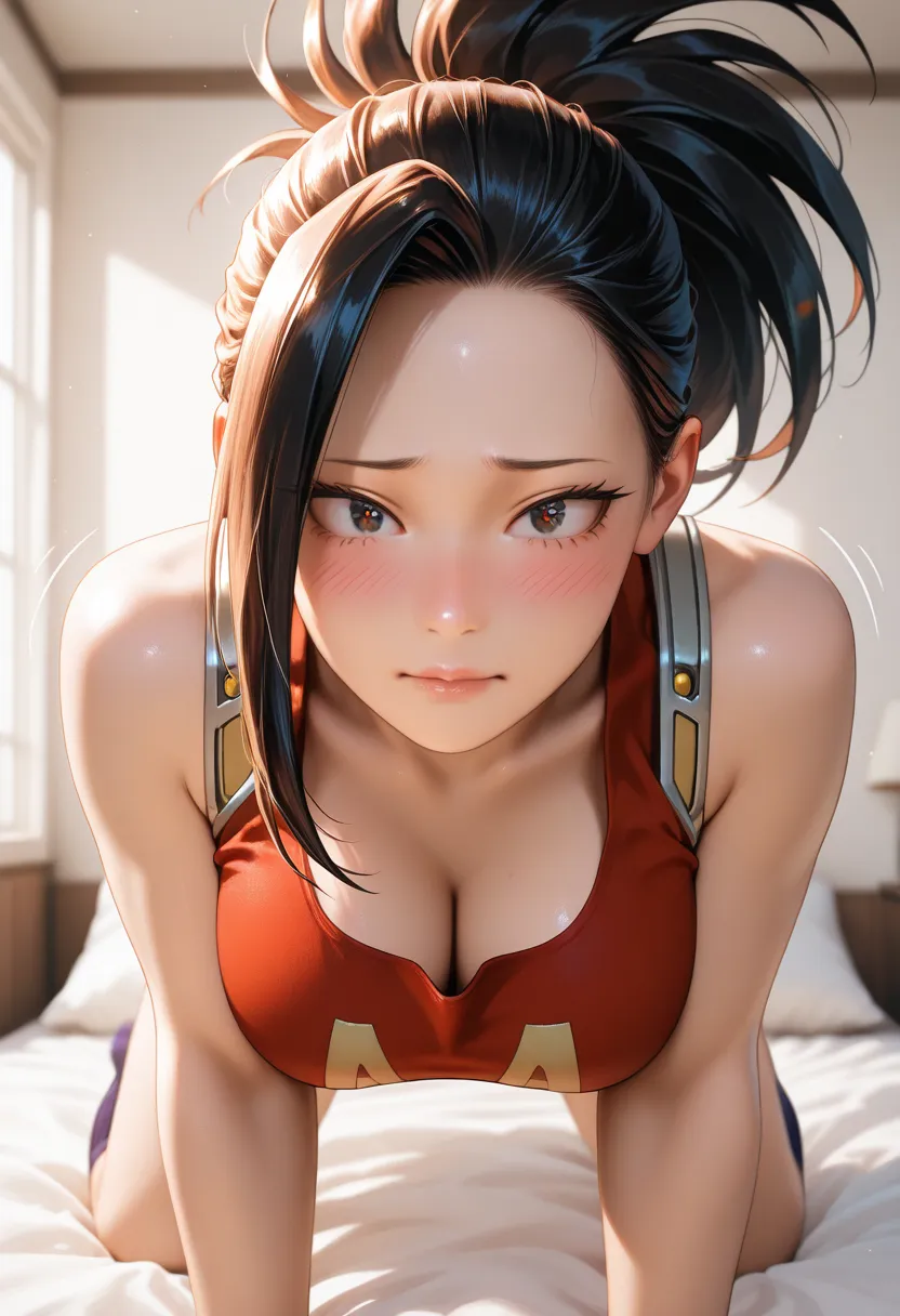 masterpiece, best quality, vibrant, very aesthetic, high contrast, photorealistic motion lines:1.5,soun effect:1.5,photorealistic portrait,beautiful detailed face,detailed texture,detailed skin, newest, BREAK a girl,Momo Yaoyorozu,Boku no Hero Academia ,so...