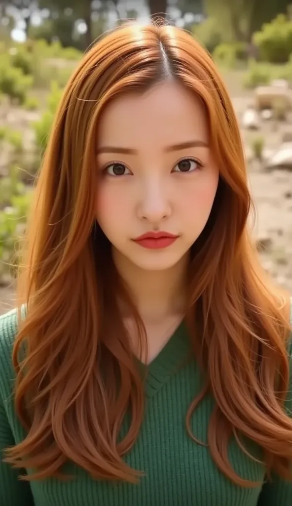 8k, masterpiece, highest quality, Vibrant, woman, vibrant ginger hair, long wavy locks, green sweater, soft natural lighting, bokeh background, warm tones, ethereal glow, delicate features, flawless skin, outdoor setting, golden hour, dreamy atmosphere, hi...