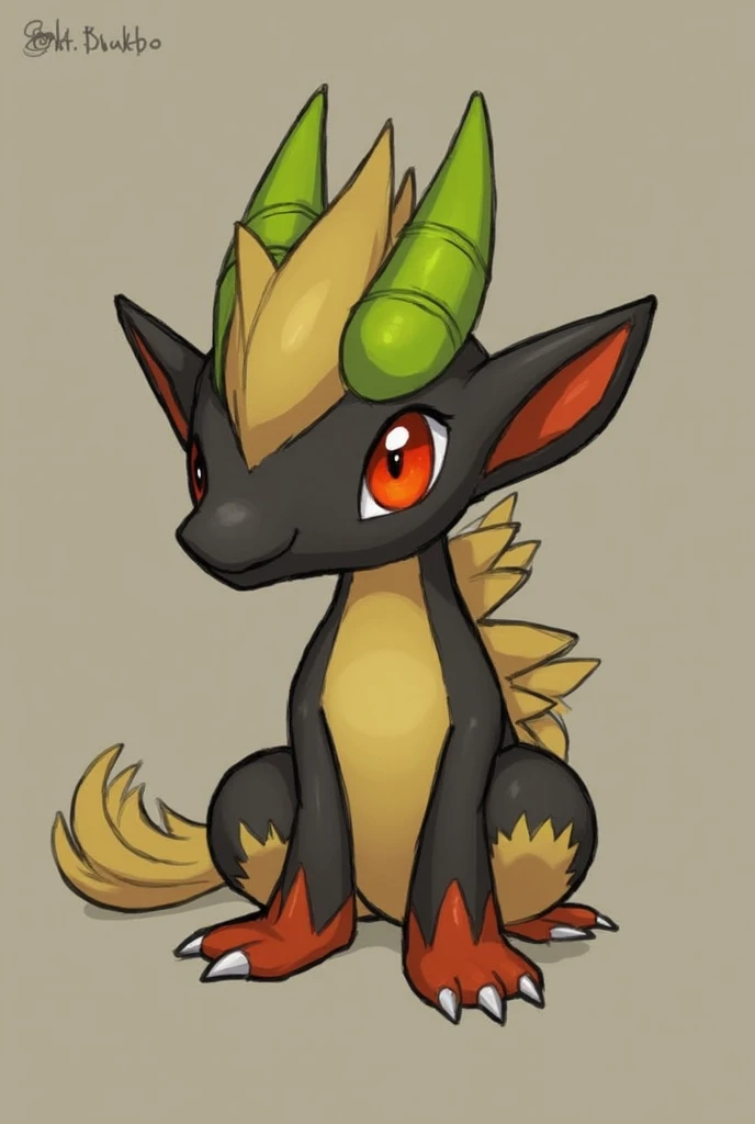 Eyes: 2 small eyes

Eye Color: Red eyes

Snout: Protruded snout

Teeth: Sharp and round  Horn Color: Green
Ears: 2 ears
Ear shape: Pointy Ears
Skin: black/Yellow
Tail: have tail
Tail shape: Curly/Straight
Tail Color: Orange
Wings: Have wings
Limbs: 4 limbs...