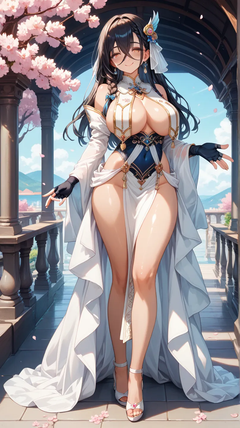 ((nsfw,full body,)),masterpiece,lofty height,full body, super fine illustration, best quality,(soro,1girl,woman, young, black long straight, long bangs between eyes,lateral braid, detailed black hair, blue streaked hair, silky hair, beautiful face,delicate...