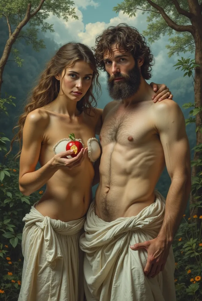 "Eva holds a bitten fruit in her hand, her wide eyes and expression of shock.  on its side, Adam also eats the fruit, her face reflecting surprise and apprehension. Both wear large sheets that cover their private parts., symbolizes her newfound brightness ...