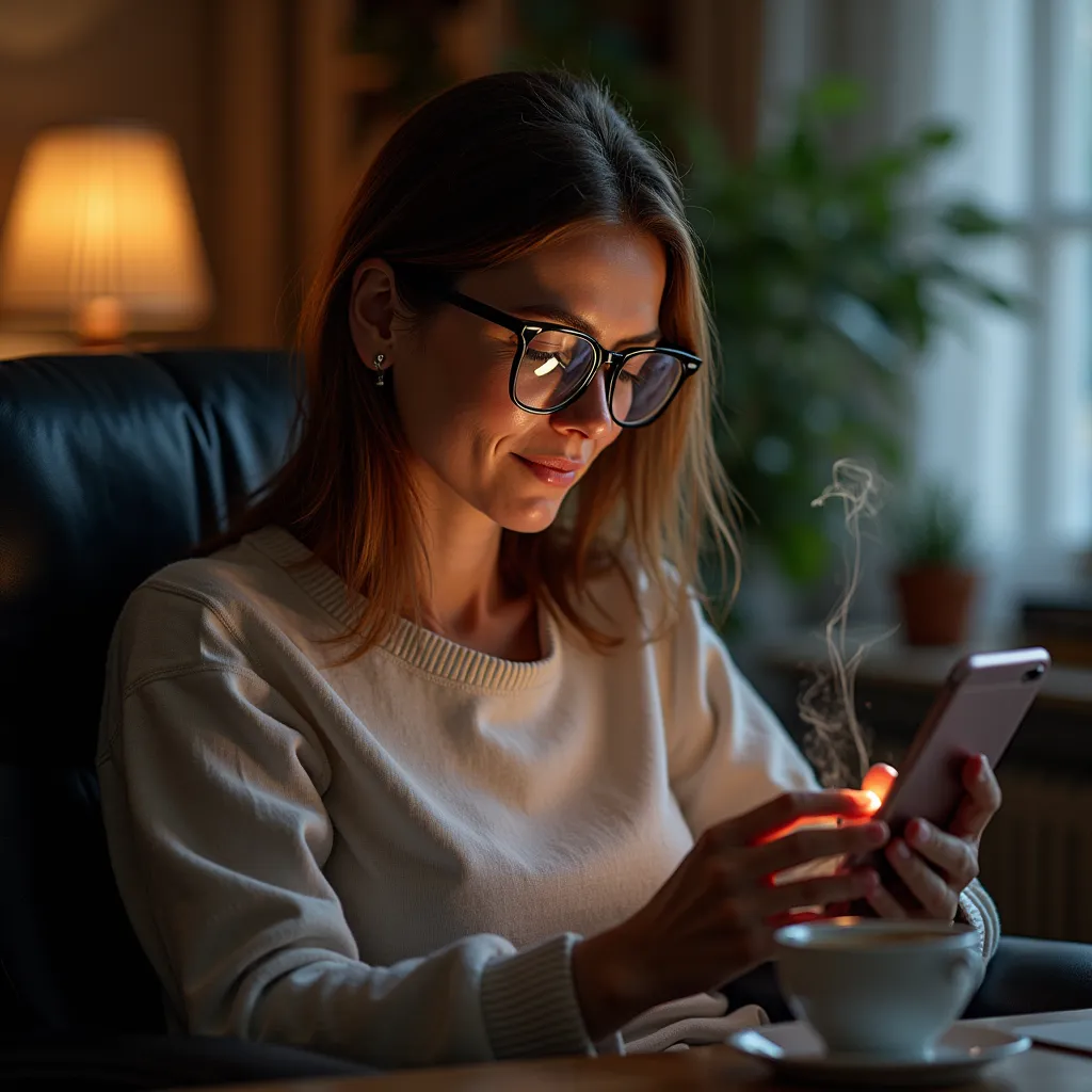 The day begins with technology and coffee. A woman aged 45 to 50, with an affable and relaxed face without smiling, focused on what she does with her mobile phone and the screen,  with light brown hair , she wears glasses that reflect on her glasses the gl...