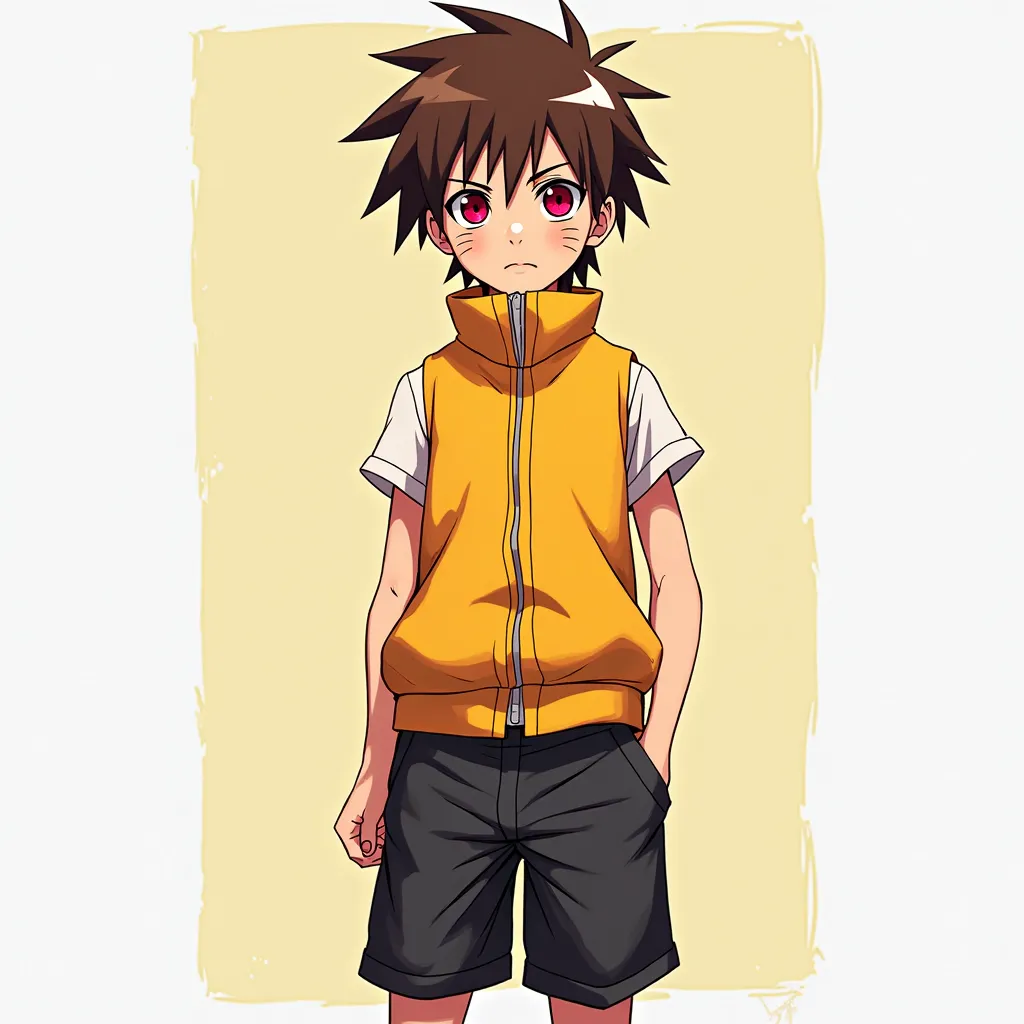 A boy, Brown hair, red eyes, yellow vest, short black pant,standing, in front, 2D Naruto art style 