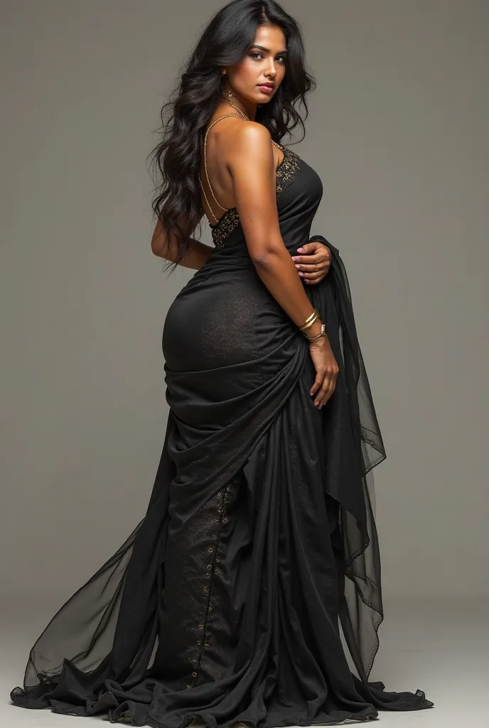 Hot Indian white  super hot and beautiful women hourglass body muscular jacked big shoulder sexy thick quads and long thick legs standing side ripped muscular in regular normal saree black 