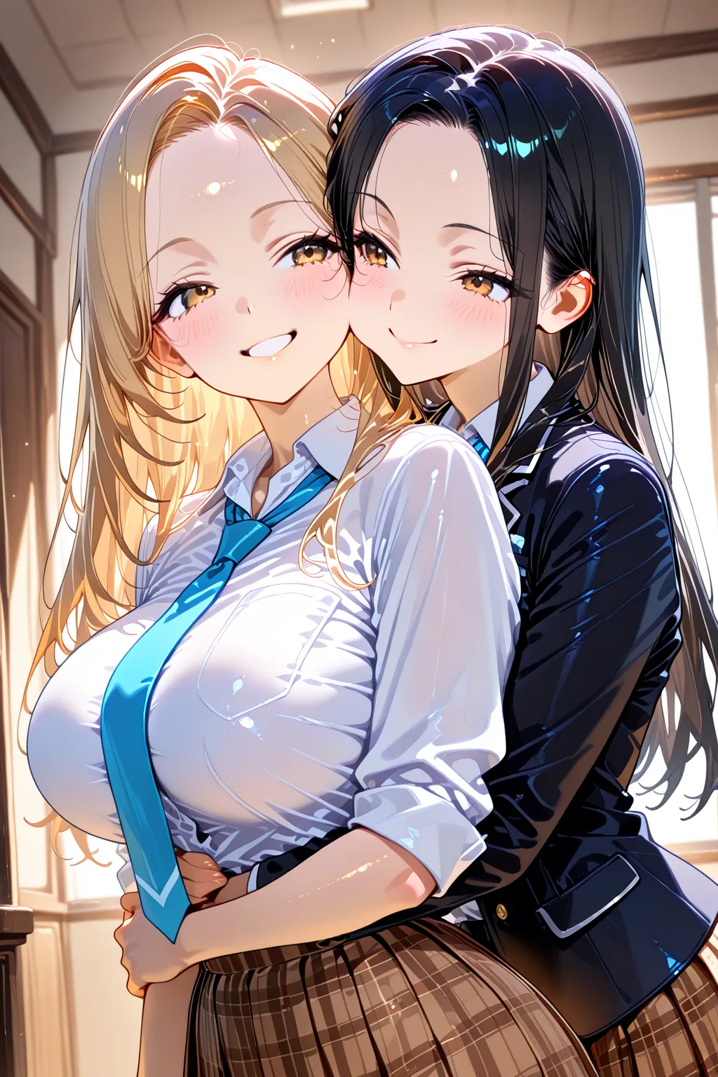 2girls , cheek-to-cheek ,smile ,(upper body shot:1.2) ,looking viewers , hug from behind , master piece ,best quality ,amazing quality ,(Beautiful face) , absurdres, newest, very aesthetic, amazing quality,highres,sensitive ,smooth face ,INT 2girls ,shiny ...