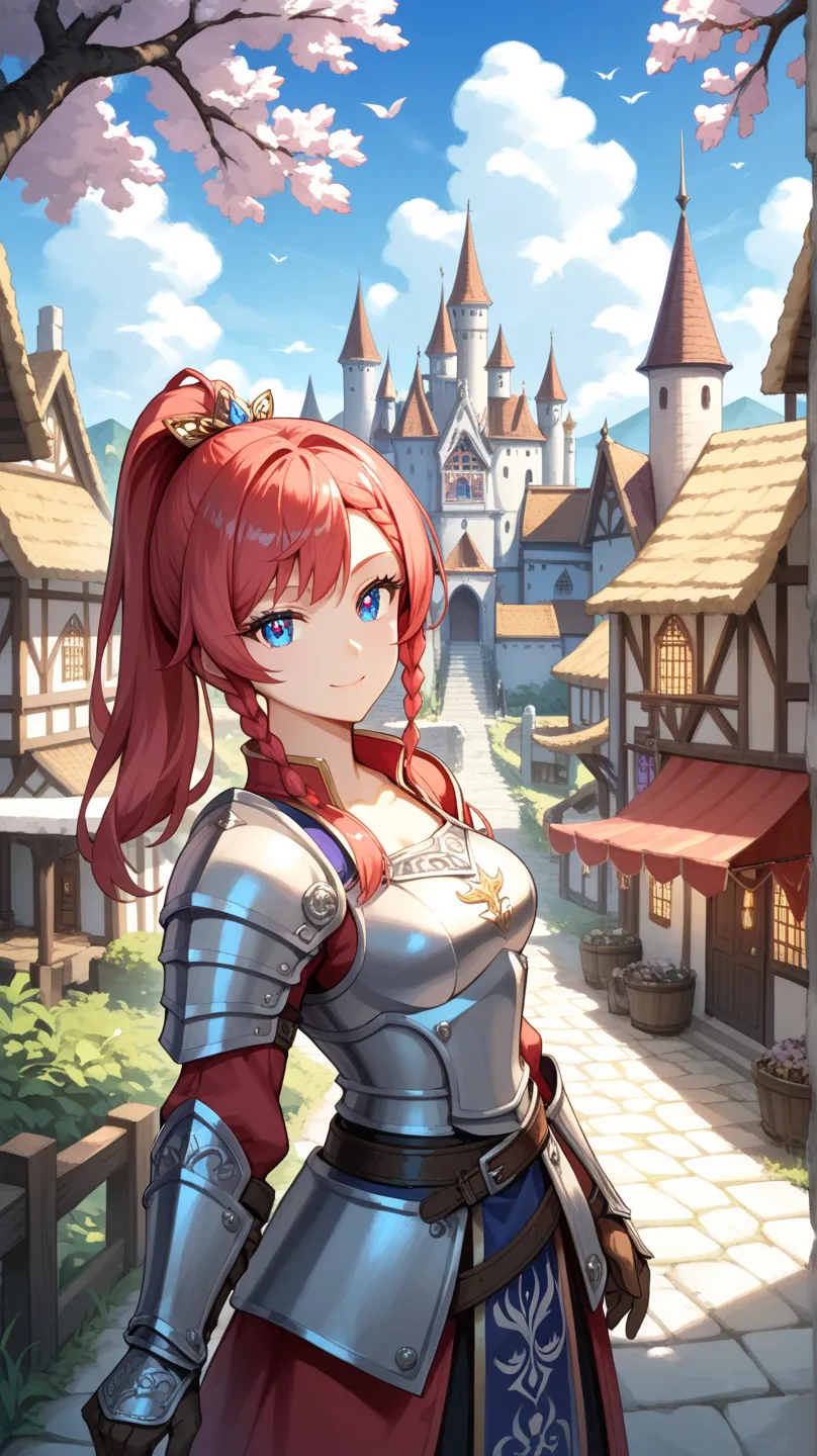 master piece , best quality , japanese , cute face , 25 years old , (symmetrical clear eyes:1.3) , shining eyes , looking at viewer , armor, chest, Isekai Fantasy, medieval town, Beautiful Scenery,  bright daytime , blue sky,solo,ponytail, A grand castle c...