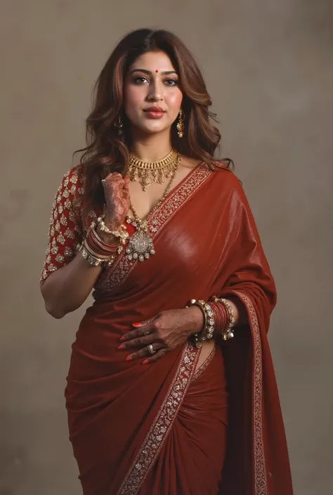 Desi curvy big women wearing leather saree,leather blouse, bindi, sindoor, neckace, chain and standing giving bold pose exosing cleavage of big breasts, big hips,having big cheeks