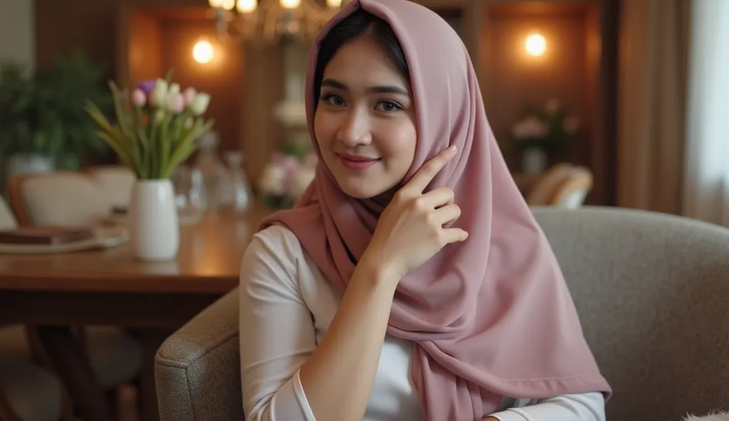 Beautiful fair skin Chinese girl in hijab seating in leaving room happy, 4 MILF, happy pose, beautiful face, beautiful fingers, perfect dark pink nail, dinning room, at night, wearing long hijab, long colorful hijab, long Dress, biggest, heavy breast, plum...