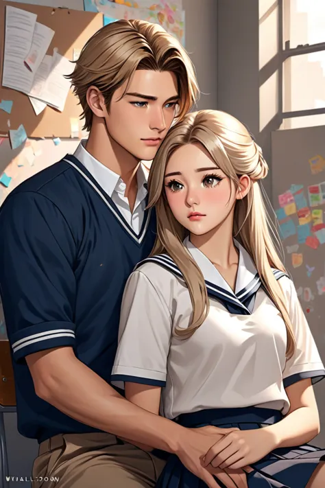 A woman with long half up half down ash blonde and being romantic and standing with the wall behind them with a handsome guy with Medium Puff Brown hair. Digital art, realistic, they both wearing high school school uniform. Background detention. The guy is...