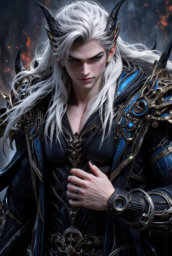 adult man, long hair,  White and smooth , falling over the shoulders.
Curved black horns, with reddish reflections, coming out of the top of the head. bright and penetrating blue eyes.
Facial marks that resemble scars or dark tattoos around the mouth and o...