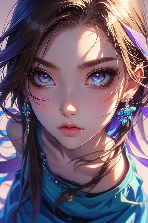 1girl, jewelry, solo, earrings, one_eye_closed, long_hair, brown_hair, skirt, blue_skirt, looking_at_viewer, simple_background, lips,anime eyes, douyin eyes, detailed eyes, high detail eyes, multicolored iris, detailed iris, full lashes, dark lashes,