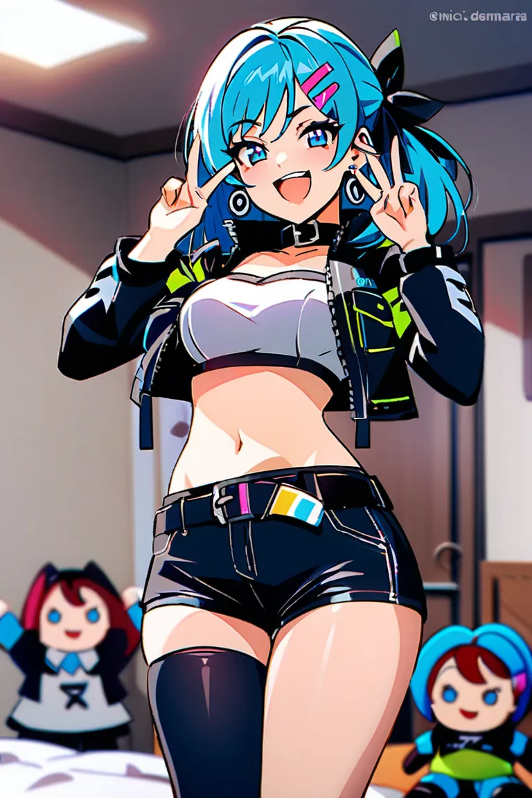 score_9, score_8_up, score_7_up, source_anime, 1girl, nicole demara, tube top, single thighhigh, short shorts, cropped jacket, hair ribbon, hairclip, earrings, high belt, detached sleeves, doll, black collar, cowboy shot, standing, smug, open mouth, lookin...