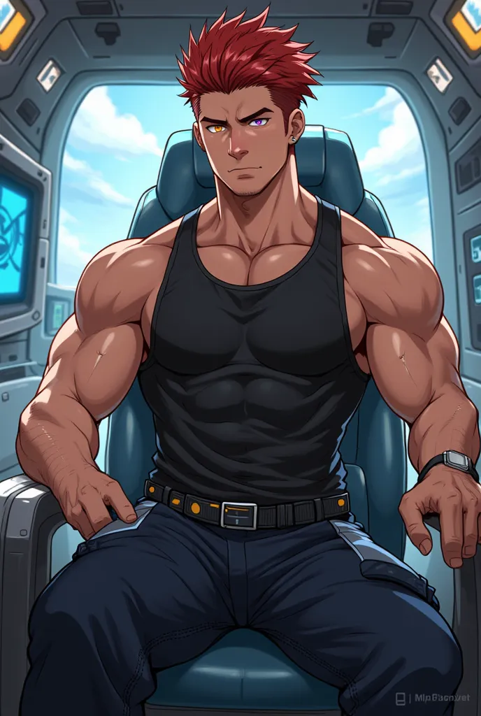 masterpiece, best quality, 8K, ultra res, extremely detailed,, Anime illustration style. A muscular male mechanic, with a sleek and powerful physique, sits in the captain's chair on the bridge of a futuristic spaceship. He has red hair in a short sports cu...