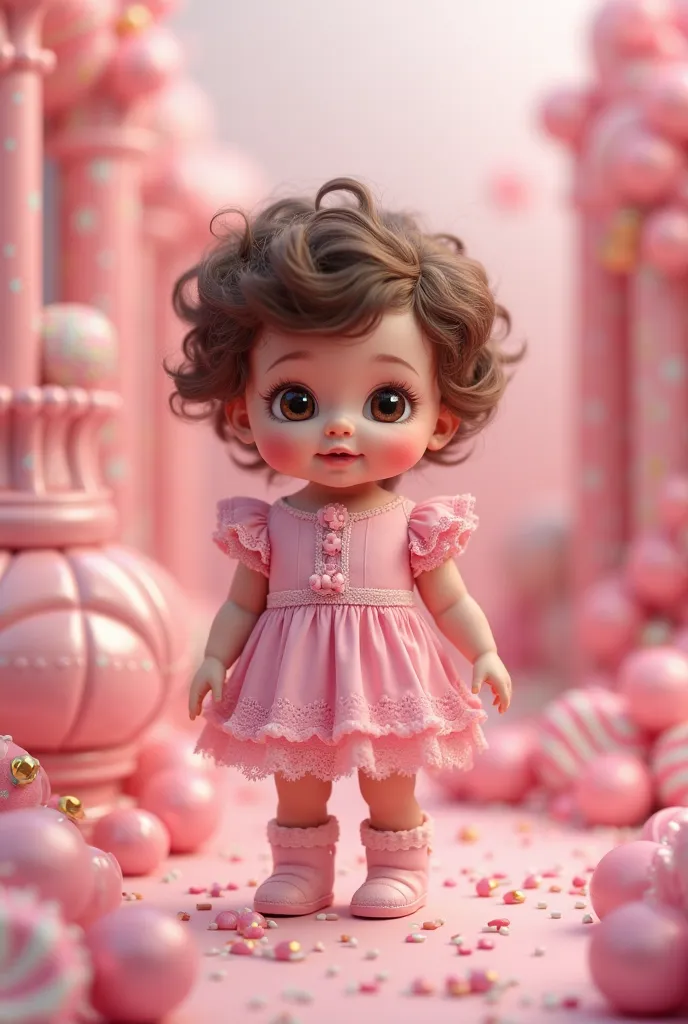 Super realistic cute baby standing up wearing pink dress and boots big hair in a place full of pink candies 