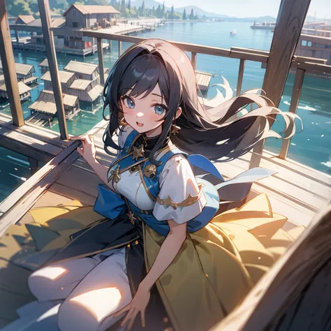 (extremely detailed CG,cute girl), [Upper body, Happy, Despair:0.6], (Idol, Idol outfit), Lakeside, piled-up dwellings, great view, summer, Midgard