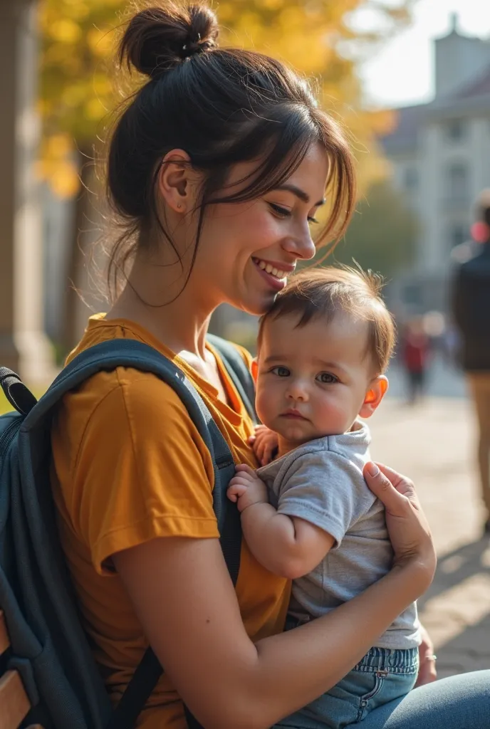 Female university student with a 5-month-old son