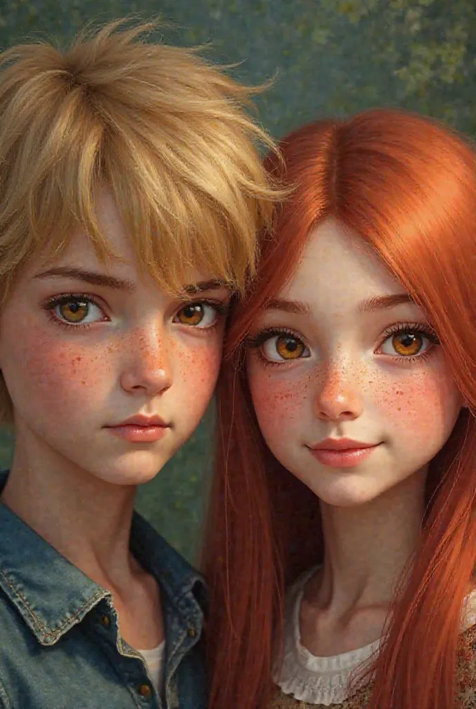 A blond boy with amber eyes and a serious look. A girl with long straight red hair, With a bit of bangs, has hazel eyes and a smiling face. realistic style 