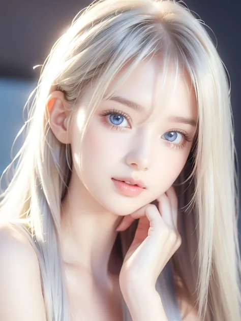 Shiny transparent white skin 、 style hair gets in the way of a pretty face 、Colossal、 old cute sexy little beautiful face、 beautiful straight hair that shines 、grow,  bright light blue eyes 、 long silky bangs to cover her pretty eyes ,  sexy face hiding se...