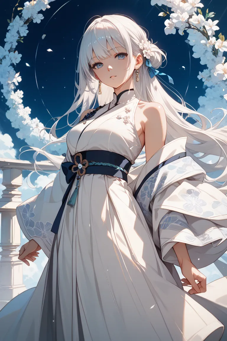 Fair skin, white hair, long hairstyle, long waist-length hair, neutral white kimono, creative, Shikigami-san, bangs are eye-catching