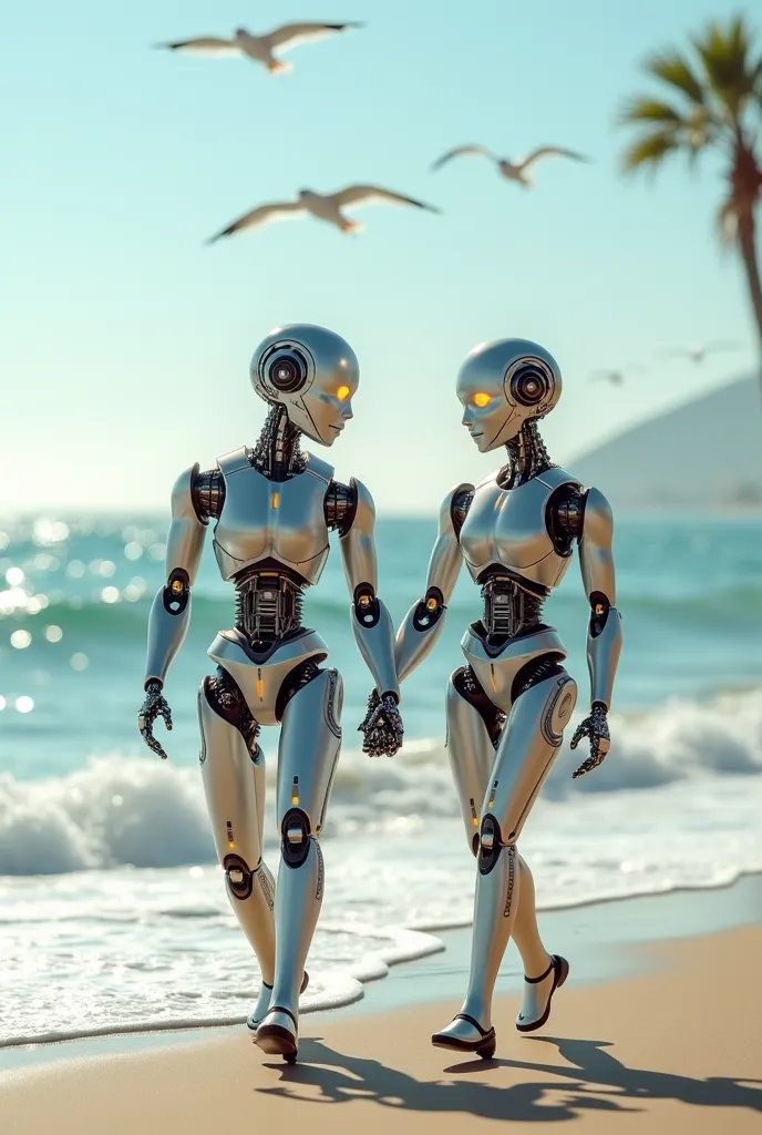 Married robot couple walking and having fun at the seaside