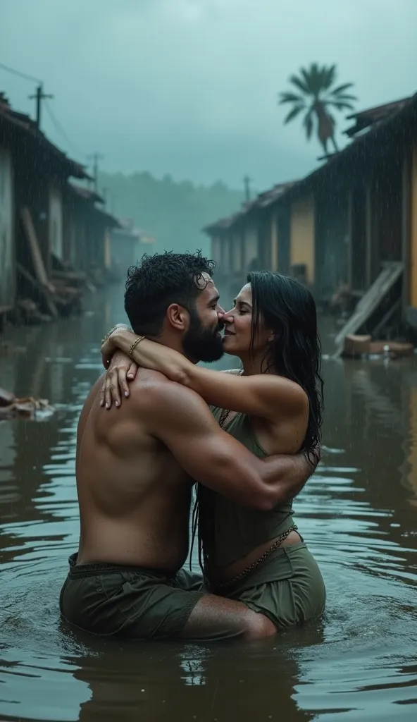 A dramatic scene in a flooded village, in which a man and a woman embrace in the rain and cry loudly. Both characters appear wet and distressed, kneeling in shallow water against a backdrop of damaged wooden buildings and rubble. The atmosphere is gloomy, ...