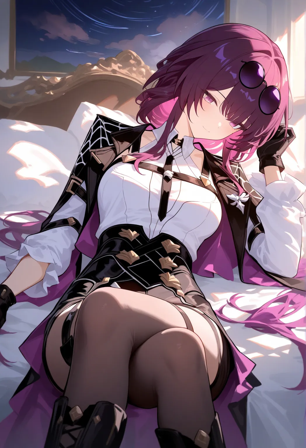 1 girl, sorry:Kafka,  Honkai: Star Trail, sensitive, One, white shirt, black tight shorts ,  black high-heeled boots , black gloves, round sunglasses on the head with purple glasses, black stockings,  lying on bed, crossed legs, head tilt, , cowboy shot, d...