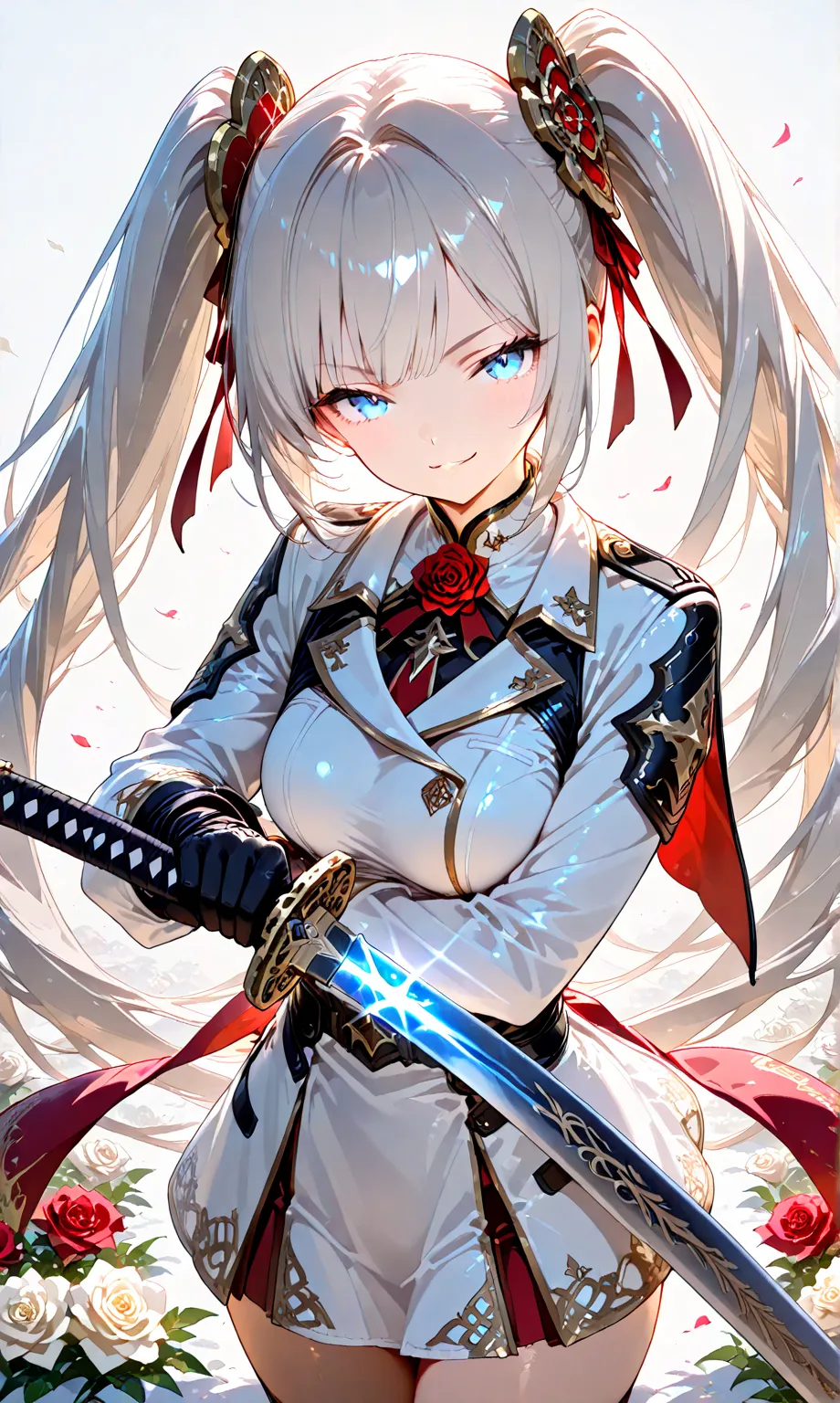 masterpiece, best quality, absurdres, newest, cinematic lighting, (Watercolor: 0.4), (Pastel: 0.6), 1girl, solo, looking at viewer, jet black long twin tails with faint white highlights tied with a ribbon, knight in a red rose military uniform, blue eyes, ...