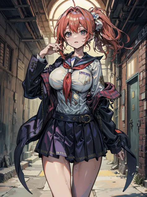 ideal ratio body proportions, perfect anatomy, correct body, earring, large breasts, narrow waist, short hair, red hair, wavy hair, hair behind ear, half updo, looking at viewer, sweat, cowboy shot, ((school uniform)), miniskirt, 