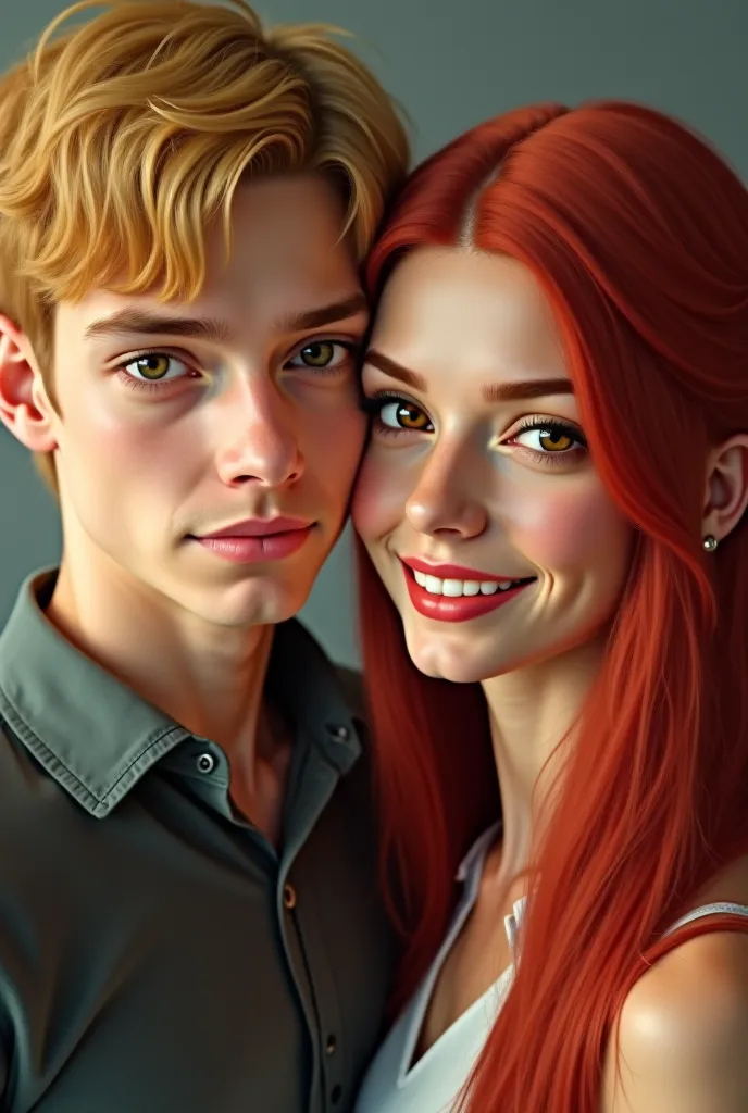 A young blond man with amber eyes and a serious look. A young woman with long straight red hair, With a bit of bangs, has hazel eyes and a smiling face. realistic style 