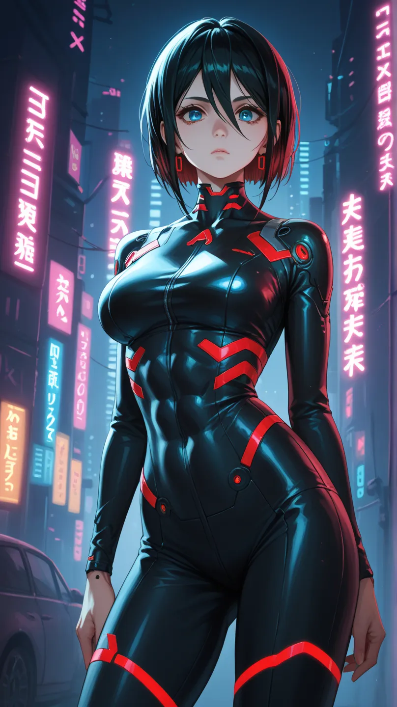 kuchiki rukia in a revealing black lace outfit, standing confidently in a futuristic cityscape with neon lights in the background. the image also shows a young woman with pale skin, and blue eyes, who appears to be in her early twenties, standing in the mi...