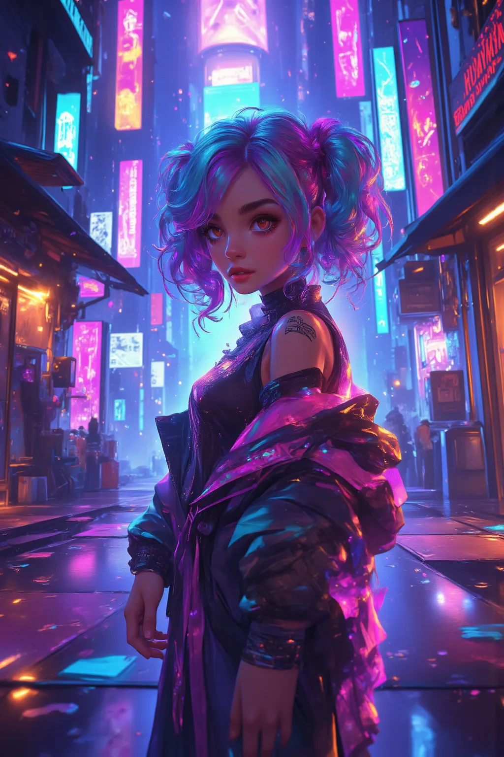 Japanese anime painting style。Cyberpunk Cities of the Near Future、a beautiful girl is standing in a neon-lit alley。Hair color and hairstyle、The outfit is random。A hologram advertisement illuminates the surroundings、a cool situation with a cyber vibe。


