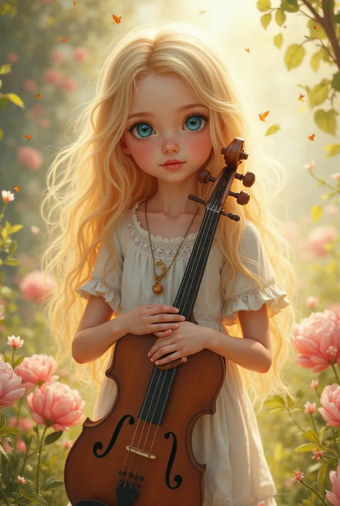 A blonde girl holding a musical instrument