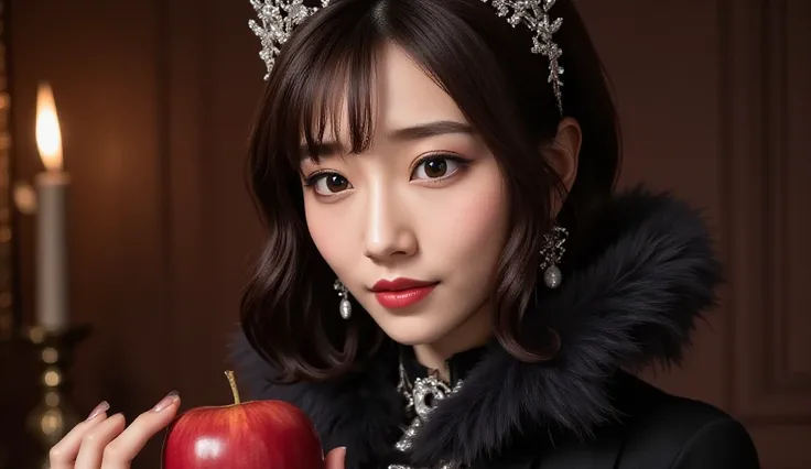 High Quality Queen Portrait,accessories, black hair,black dress,Deep red lipstick,Poisoned Apple in Hand,Dark Fantasy Royal Portrait,4K Ultra High Definition Painting,dramatic lighting,Scenes Emerging in the Dark,Paint texture,Baroque Outfit,Mysterious Atm...