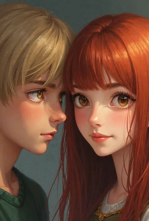 A blond boy with amber eyes and a serious look. A girl with long straight red hair, With a bit of bangs, has hazel eyes and a smiling face. Realistic photography style 