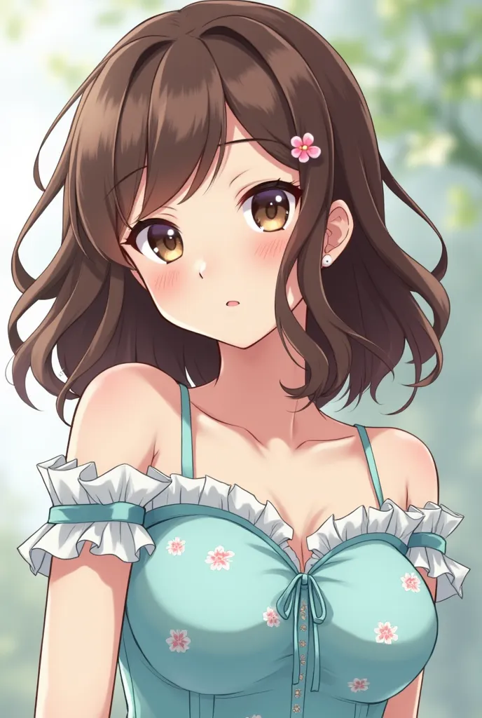 A 22 year old girl with medium wavy brown hair, wearing a cute flowery light blue dress, with large, well-shaped breasts and frameless lenses in the Manhwa Lily of the Valley style of the author Rangrarii