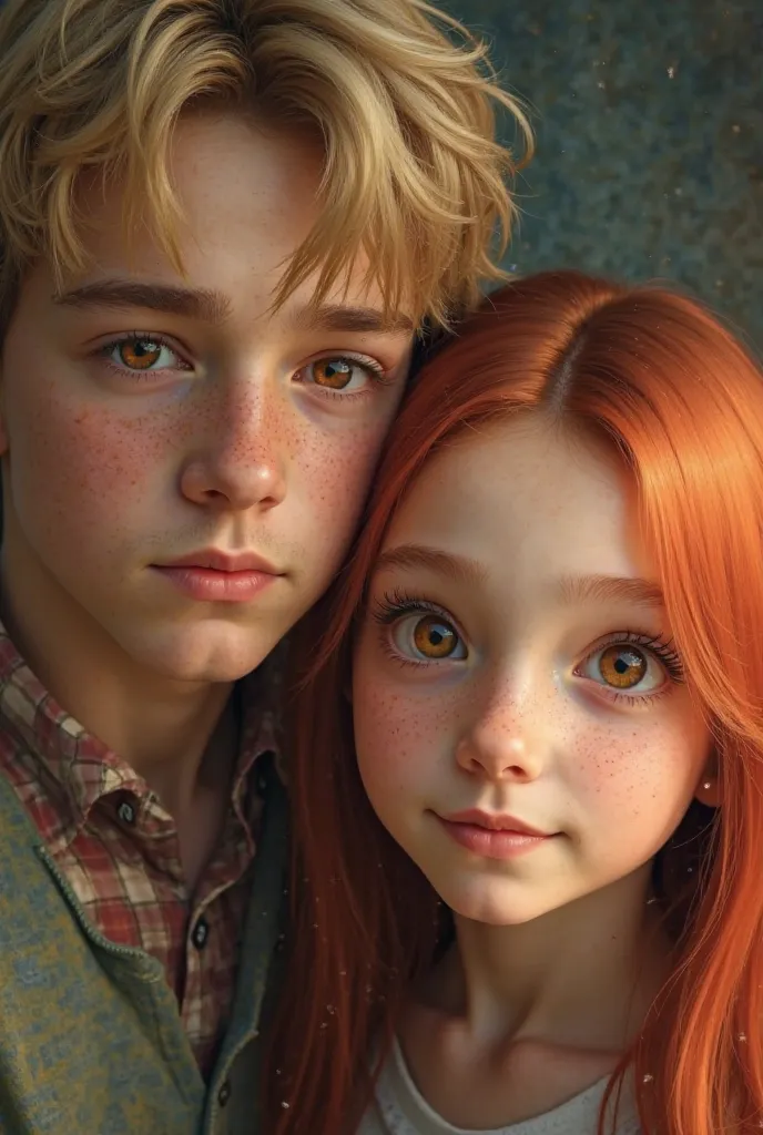 A blond boy with amber eyes and a serious look. A girl with long straight red hair, With a bit of bangs, has hazel eyes and a smiling face. realistic style  