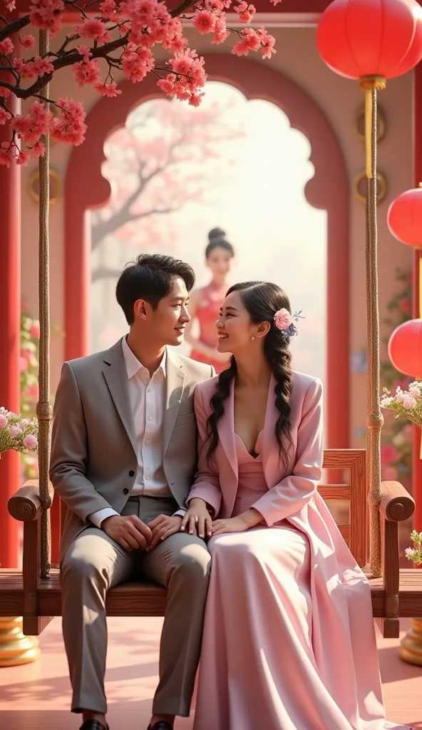  featuring high resolution full hd , couple couple  .Beautiful Korean girl is sitting with Korean guy wearing same color clothes ., Butterfly Braid warna  pink putih dan ungu ,wearing blazers   ,  Long drees pants clasic falnel purple  , black shoes   ,  s...