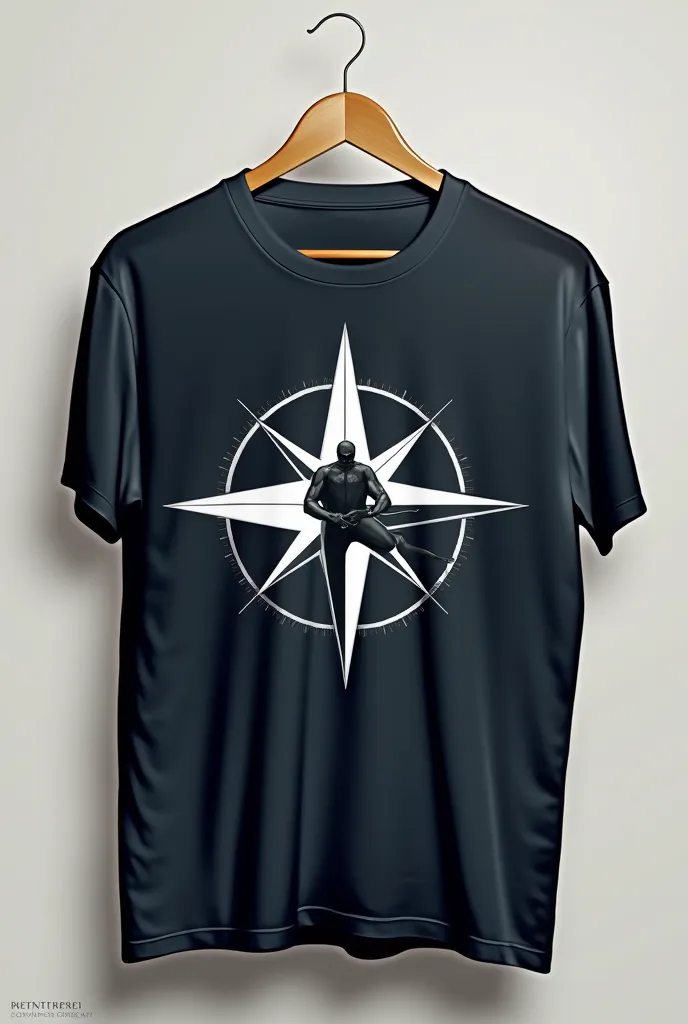 a t shirt design with a white compass in the middle, and a stealth diver at the centre of the compass as well.