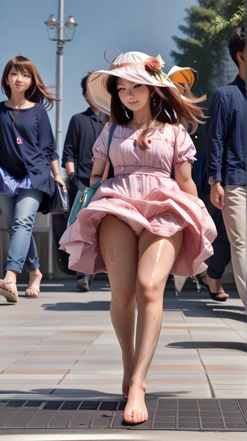 Lovely young woman、 walking、The strong wind is blowing up her skirt、upskirt、 low angle、amazing thighs、full body、 nice dress、shiny skirt、bare feet, updraftupskirt、 my feet are wet、anime style