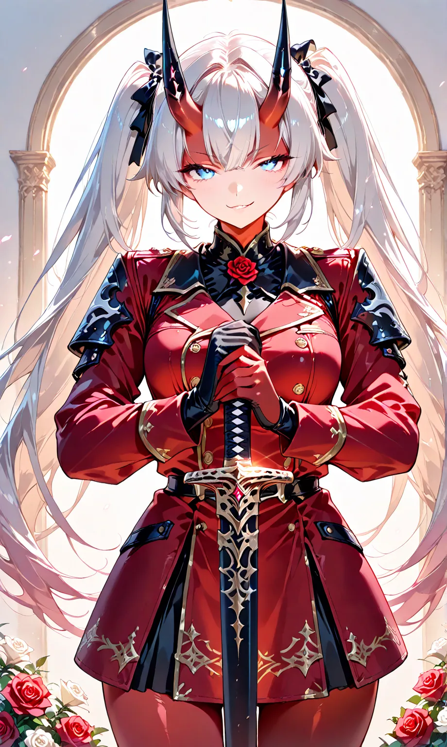 masterpiece, absurdres, very aesthetic, newest, cinematic lighting, (Watercolor: 0.4), (Pastel: 0.6), two girls centered in frame, first girl: jet black long twin tails with faint white highlights tied with a ribbon, knight in a red rose military uniform, ...