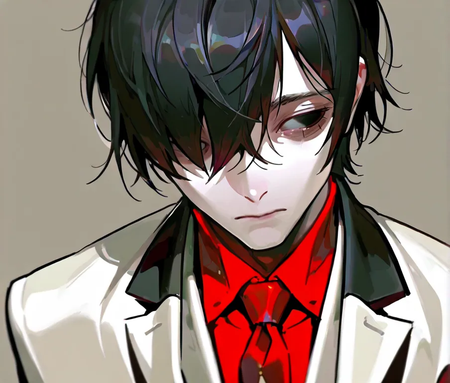  1 adult male with a red neckline,solo, top quality, background blur,  simple background, shirt with scallops on it and suit jacket, hair to hide one eye, Thin black hair,  shortcuts,  split bangs , Light red saggy eyes 