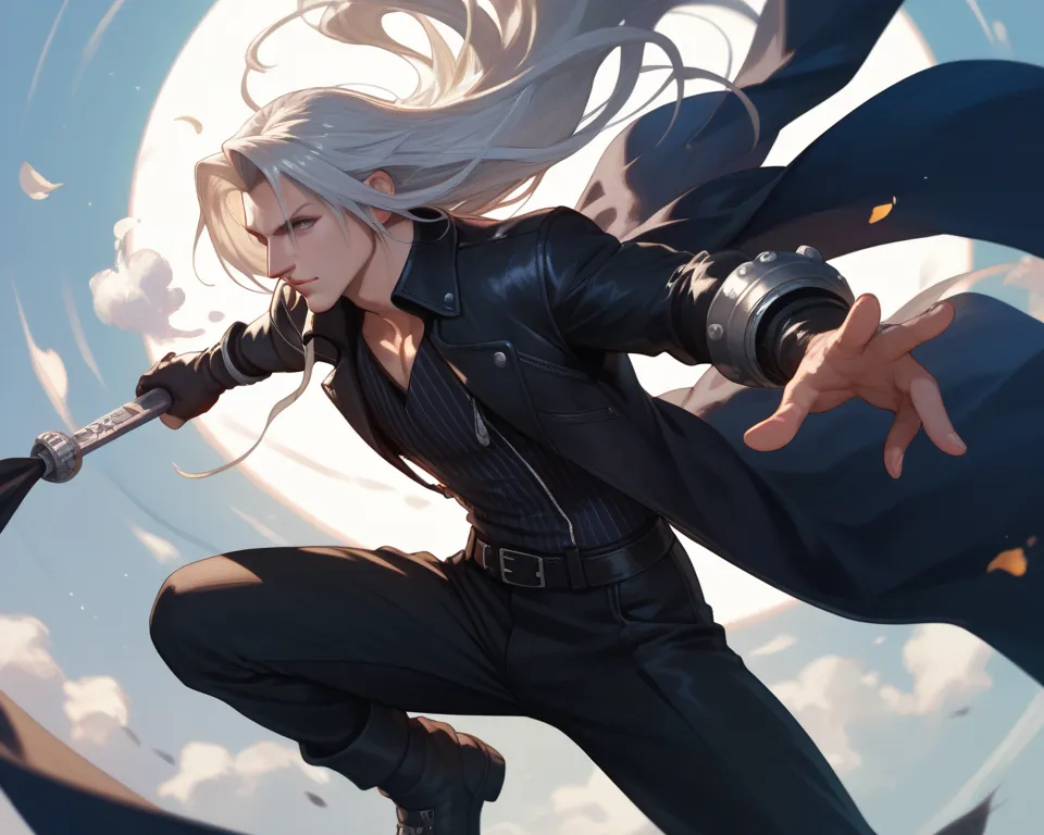 Depict Sephiroth from Final Fantasy VII being in the air with one wing and Masamune in his hand