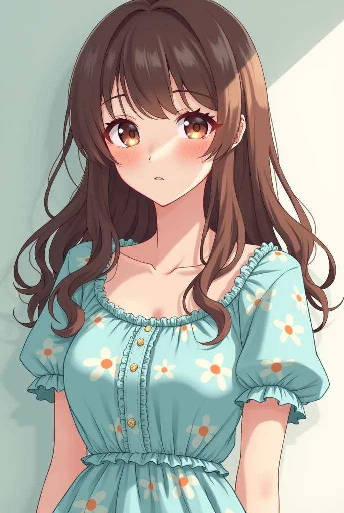 A 22-year-old girl with slightly wavy long brown hair, wearing a cute flowery light blue dress, with large, well-shaped breasts and frameless lenses in the Manhwa Lily of the Valley style of the author Rangrarii