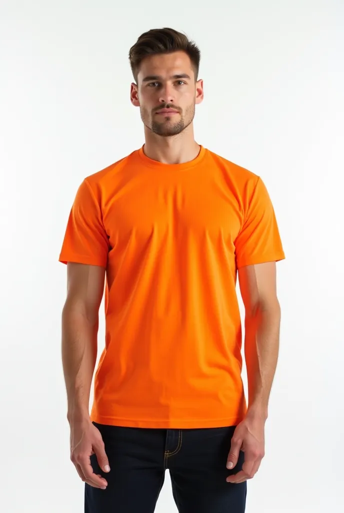 i need a male model full body image. the man will be wearing a safety orange color Gildan - Heavy Cotton™ T-Shirt - 5000 . background color will be white
