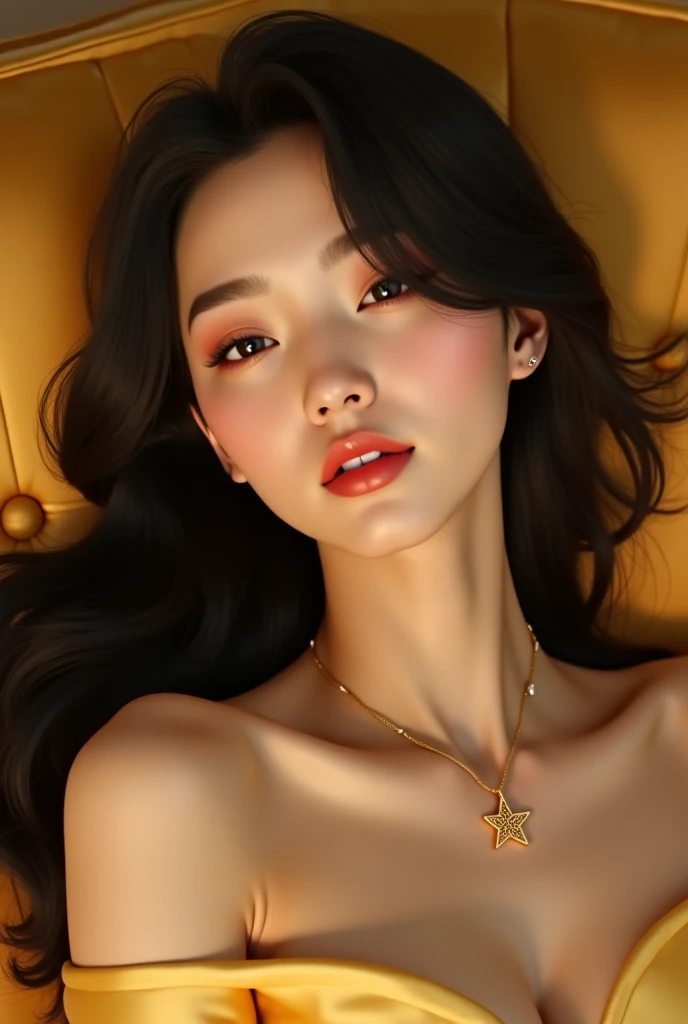 pretty korean girl sitting in gold sofa with a necklace pendant that says STAR