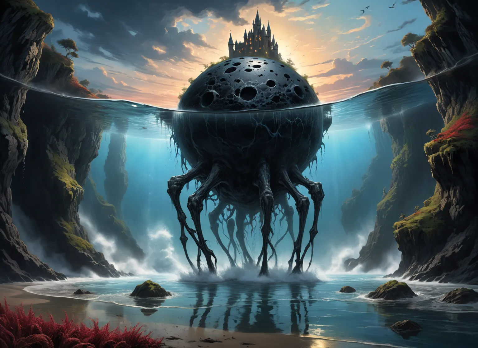 (A huge massive colossal creature moves into the sea on thick long legs of colossal dimensions and carries on its back a round medieval black stone round, thick 1 tower of magic:1.3), (Tore off the ground on long, thick, several clearly defined 8 legs), (c...