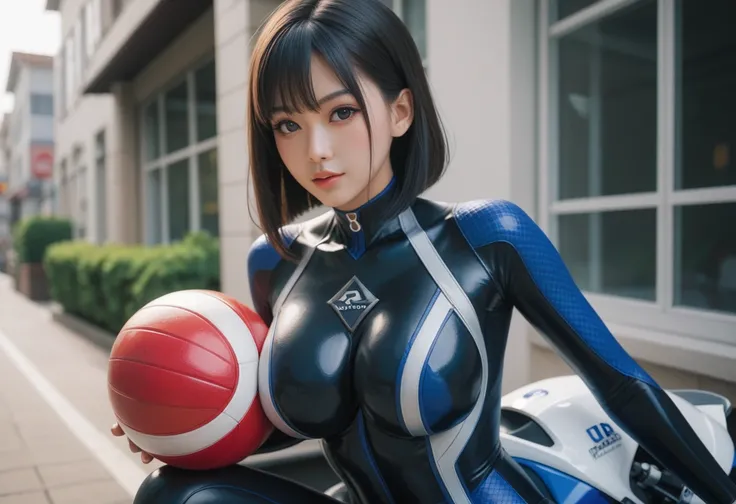 long black hair、dark eyes、big breasts、 Ball-shaped Chest 、 young woman、beautiful Japanese woman、 real woman、 Slender Body 、I&#39;m on a bike、rider suit